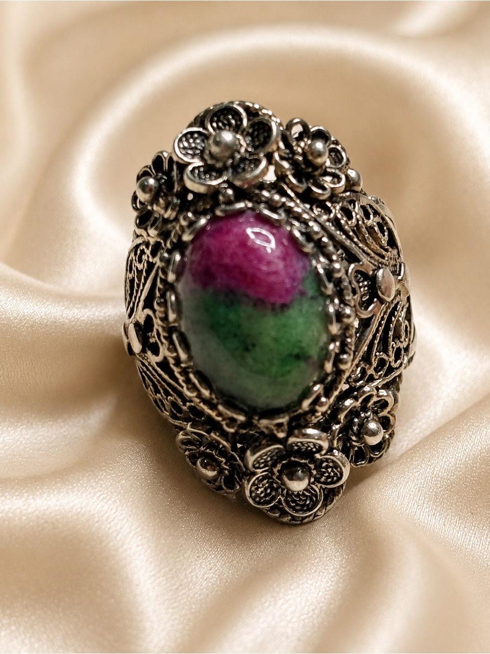 925 Sterling Silver Turkish Filigree Ring Ruby Zoisite Floral Ring Sz 7